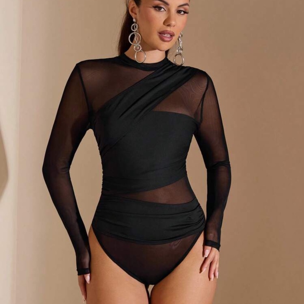 Elegant Black Sheer Long Sleeve Bodysuit